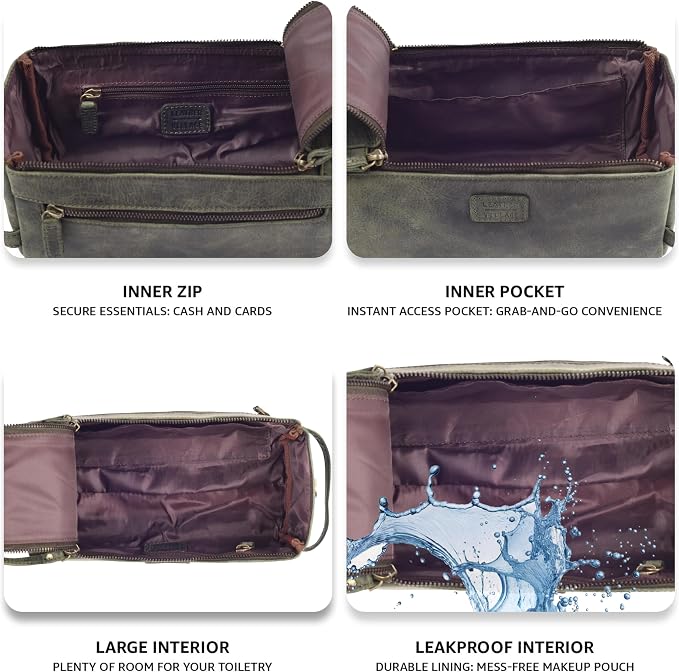 LEATHER VILLAGE Genuine Leather Travel Toiletry Bag - Water-Resistant Dopp Kit for Toiletries, Large Shaving Bag & Bathroom Organizer - Gift for Men & Women - Olive