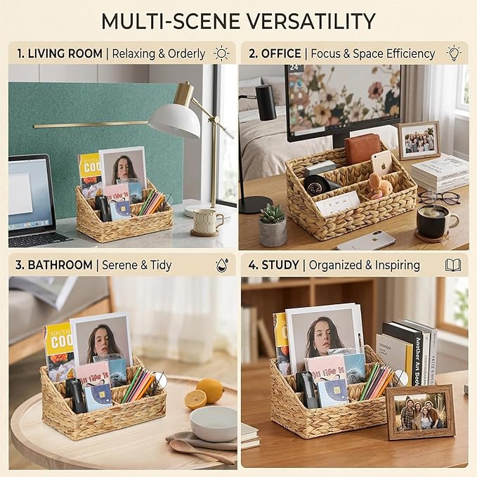 Desk Organizer – Countertop Mail Organizer, Magazine Holder, Boho Decor Water Hyacinth Desk Mail Holder for Home Office, Farmhouse, 12.6" L x 6.7" W x 6.3" H