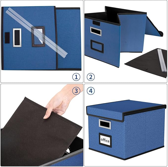 Decorative File Organizer Boxes Office Document Storage with Lids, Portable Collapsible Linen Hanging Filing & Storage Boxes for Office/Decor/Home (Royal Blue) -14.9 x 12.7 x 10.8 inch -2 Pack