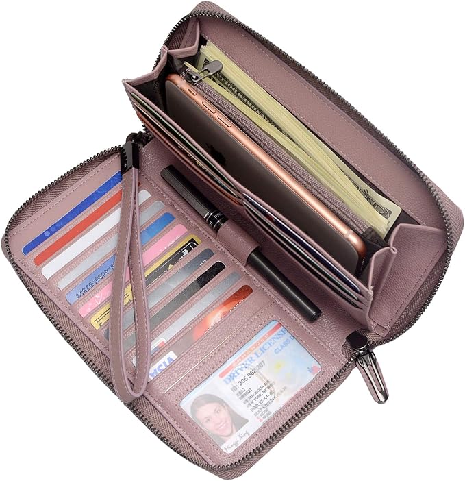 Bveyzi Women RFID Blocking Wallet Leather Zip Around Phone Clutch Large Capacity Ladies Travel Purse Wristlet | RFID Blocking, Zip Around, Large Capacity