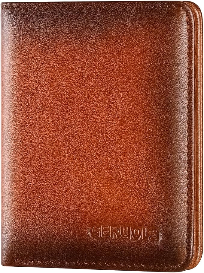 Bifold Slim Men Wallet Genuine Leather Thin, Small Vertical RFID Blocking Wallets for Men ，Compact & Stylish with Clear ID Windows (Brown)