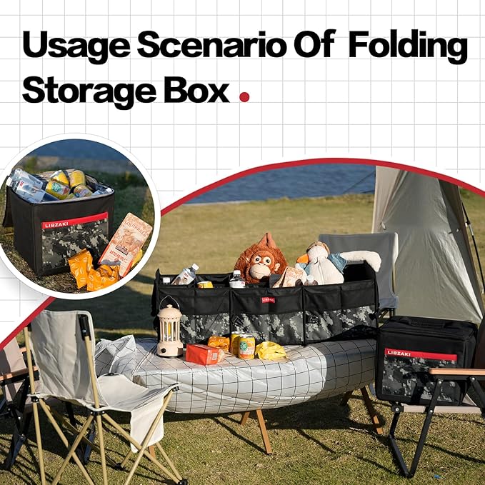 LIBZAKI Car Trunk Organizer,3 Compartments Big Trunk Storage, Large Capacity, Foldable, 95L Heavy Duty Storage Box for Car, SUV, Truck,Jeep, Includes 26L Cooler Bag-Black Camouflage