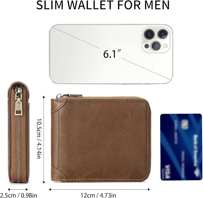 GAEKEAO Zipper Wallet for Men Vegan Leather RFID Blocking Large Capacity Bifold Wallets with ID Window Change Pocket