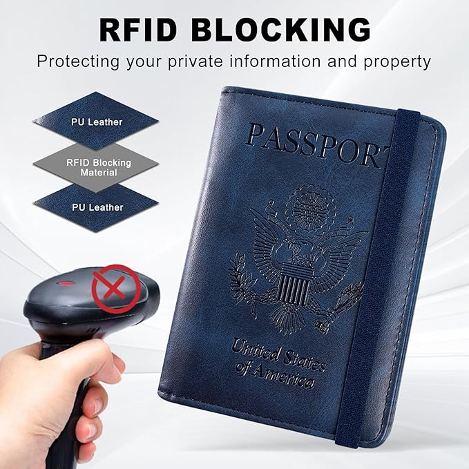 ACdream RFID BLOCKING Passport Holder Travel Wallet, Premium PU Leather Cover Passport Book with Card Holder, Pen Holder, Keep Organization, and Travel Essentials for Women and Men, Blue