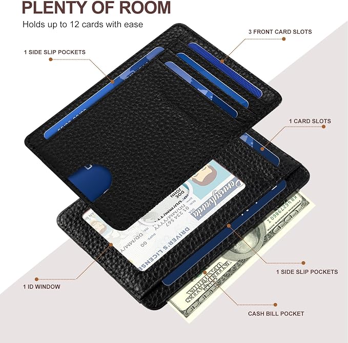Slim Minimalist Front Pocket Thin Wallet RFID Blocking 100% Genuine Leather Credit Card Holder for men Women, with Gift Box-Lichee Black