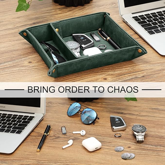 SITHON Valet Tray Desktop Storage Organizer, Removable 2 Compartments Catchall Tray Bedside Vanity Nightstand Caddy Holder Desk Storage Plate, Dark Green