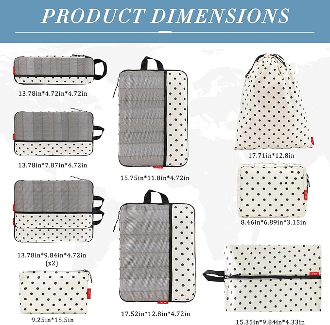 U+U 10 Set Compression Packing Cubes - Travel Organizers with Laundry Bag, Space-Saving Suitcase Organizer, Expandable Packing Organizers for Travel Essentials (Polka Dot)