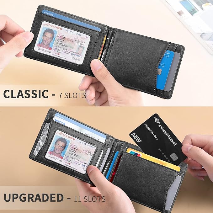 RUNBOX Slim Money Clip Wallets for Men RFID Blocking 11 Card Holder Minimalist Small Thin Carbon Leather Bifold Mens Front Pocket Wallet Gift Box