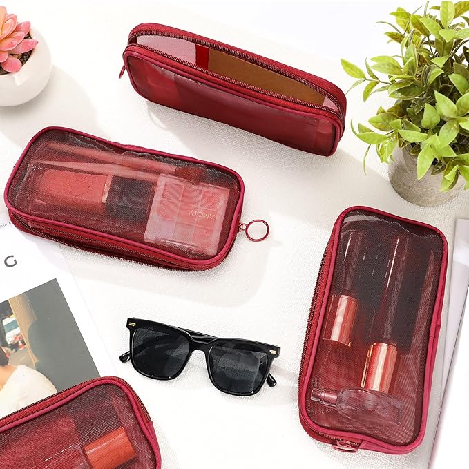 Weewooday 4 Pcs Mesh Makeup Bag Mesh Cosmetic Bag Toiletry Pouch with Zipper Mini Makeup Cosmetic Purse for Daily Accessory(Medium,Claret)