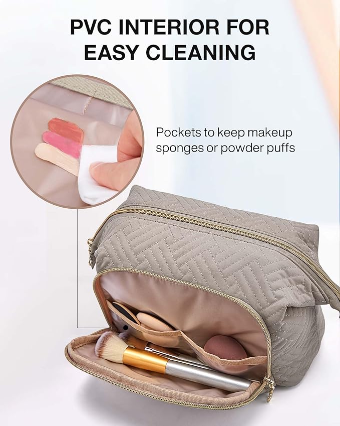 BAGSMART Travel Makeup Bag, Cosmetic Bag Small Make Up Organizer Case,Wide-open Pouch for Women Purse for Toiletries Accessories Brushes,Large Tranquil Gray