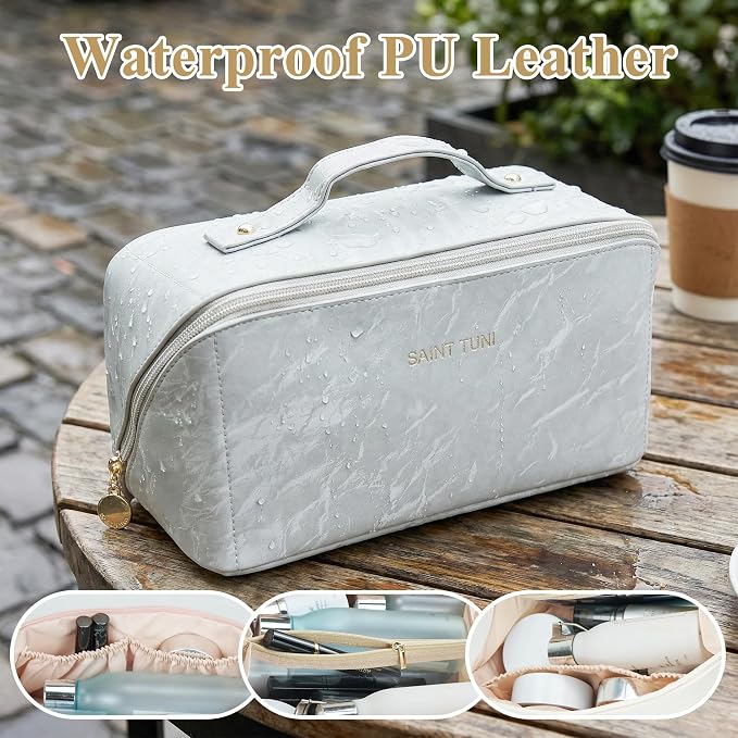Cosmetic Bag,Travel Makeup Bag, Large Capacity Cosmetic Bags for Women, Waterproof Portable Open Flat Toiletry Bags,Makeup Organizer Bag with Divider and Handle, Cosmetic Pouch Gifts for Women (Grey)