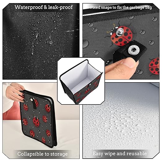 Ladybugs Scarab Dark Gary Car Trash Can Foldable Hanging Car Trash Bag Bin Auto Garbage Can Leak-Proof Car Organizer(Large)