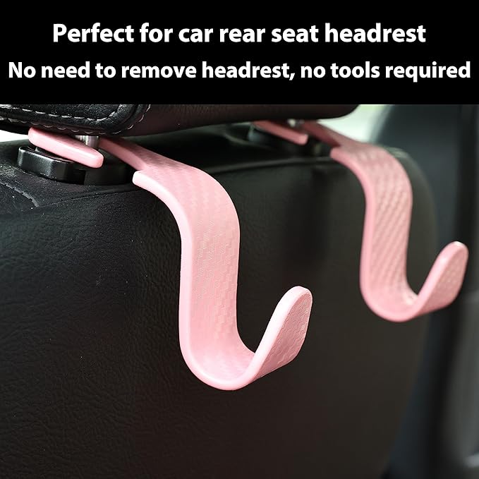 Car Seat Headrest Hook Universal Vehicle Seat Hook Hangers Interior Storage Organizer for Purse Handbag Coats Umbrellas Grocery Bags 4 Pack Pink