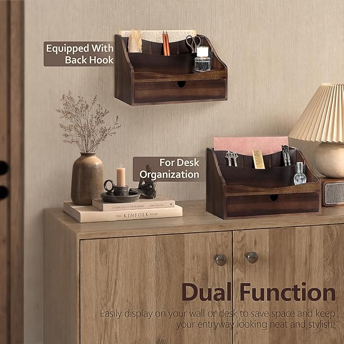 Rebee Vision Acacia Wood Mail Organizer for Desk – Retro Countertop Mail Holder with Dividers – 4-Slot Letter Sorter for Office Accessories – Desktop Organizer for Home Decor (Dark Acacia)