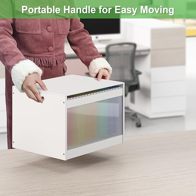 Hanging File Box Organizer for Letter Size 2 Pack, Bamboo Acrylic File Folder Storage with Lid Clear Wooden Moving Boxes Wood with Handle Desktop Filing Holder for Office Banker Document, White
