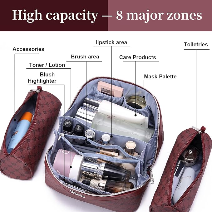 BOYATU Travel Makeup Bag Cosmetic Bags for Women: 3 Pcs Set Large Capacity Make up Bag with Handle - Vegan Leather Toiletry Bags with Compartments - Makeup Organizer for Travel Essentials(A-10-Red)