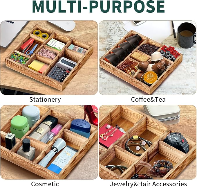Wooden Desk Drawer Organizer, 9-Slot Office Organization and Storage Box, Adjustable Natural Wood Desktop Tray for Pens, Sticky Notes, and Small Accessories, Aesthetic Home Office Decor (12 x 9 In)