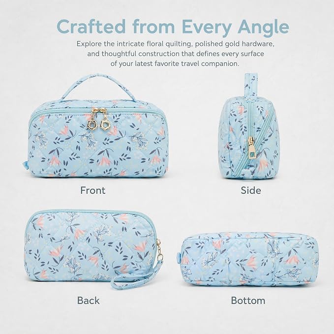 YTL Travel Makeup Bag, Puffer Cosmetic Bag for Women, Waterproof Puffy Padded Make Up Bags, Flat Open Portable Organizer Case Toiletry Bag Pouch Purse for Skincare, Brushes & Travel Essentials