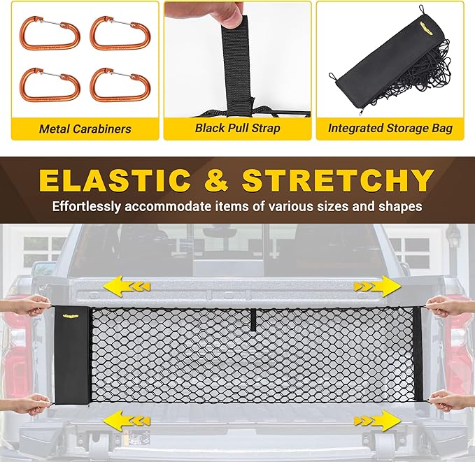 BUMBEE Envelope Style Trunk Cargo Net Compatible with Chevy Silverado 2013-2024 Accessories, Heavy Duty Carabiners Highly Elastic Truck Bed Mesh Cargo Net(16.9" X 52.56" to 66.93")