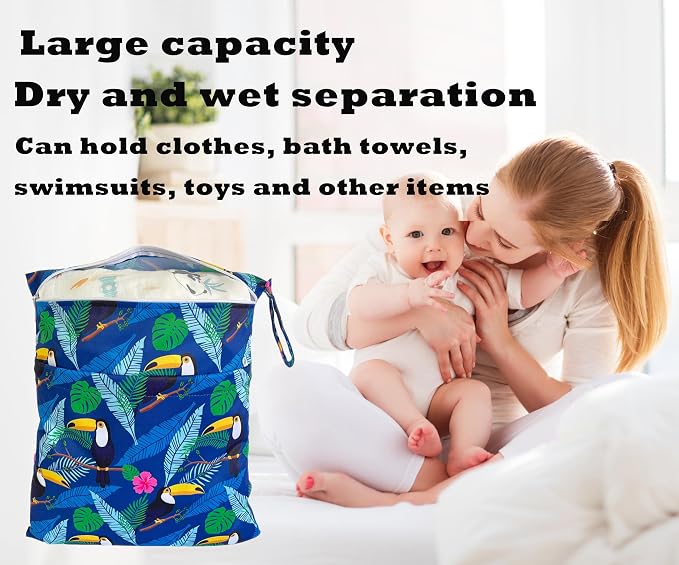 Wet Dry Bag for Cloth Diapers, 2PCS Waterproof Reusable Wet Bag with Zippered Pockets, Washable, Reusable for Travel, Beach, Pool, Stroller, Diapers, Dirty Gym Clothes, Swimsuits, 14x12In & 12x11In
