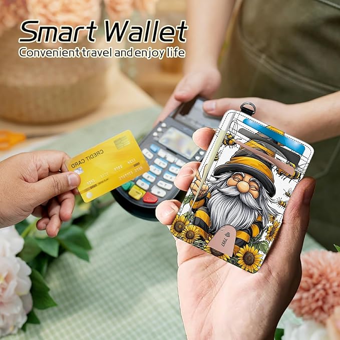 Small Travel Wallets, Bee Dwarf Sunflower Slim Minimalist Front Pocket Wallet with Wristlet, RFID Blocking PU Leather Credit Card Holder with ID Window Change Purse for Men Women