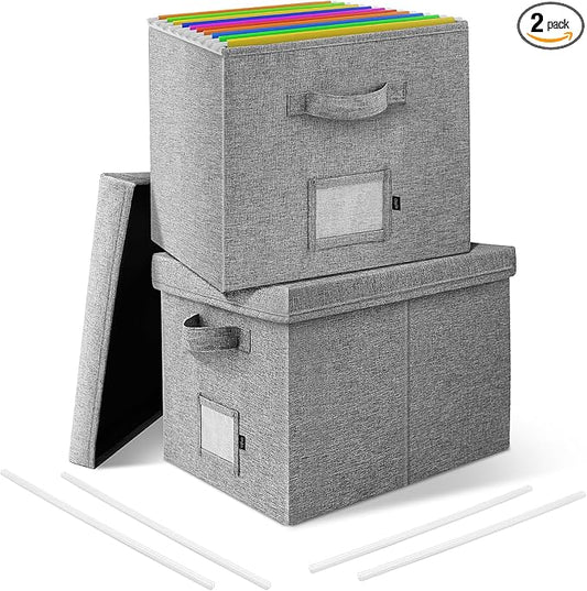 File Organizer Boxes with Lid, Linen Hanging File Storage Boxes with Handle, Collapsible Document Filling Boxes for Letter/Legal Folder, Portable File Box for Office/Decor/Home (2 Pack, Gery)