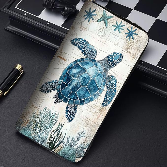 RFID Blocking Leather Wallet for Women – Large Capacity Zip Around Clutch with 8 Card Slots,13 Cash Pockets & Coin Zipper,Sea Turtle Illustration