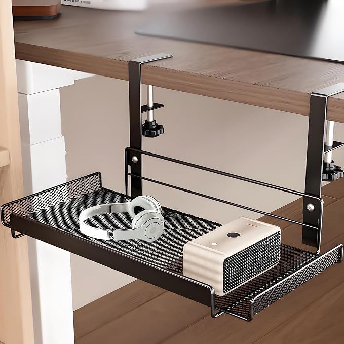 Under Desk Cable Management Tray No Drill, Sturdy Wire Desk Cable Organizer Tray,Wire Management Rack with Side Rails and Storage Organizer for Home Office