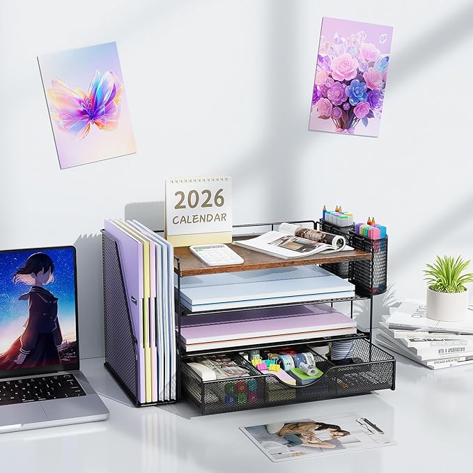 gianotter Desk Organizers and Accessories with File Holder, 4-Tier Desk Accessories & Workspace Organizers with Drawer and 2 Pen Holder, Paper Organizer for Office Supplies (Wood)
