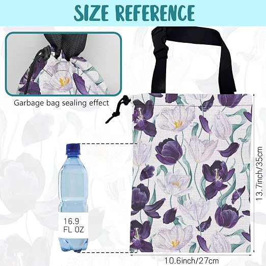 Car Trash Bag Purple Tulips and Leaves Hanging Drawstring Car Organizer and Storage Bag with Adjustable Buckle Canvas Garbage Bin for Back Seat or Hanging Headrest Car Decor Road Trip Essentials