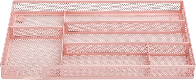 Annova Desk Drawer Organizer Tray for Office Organization - Metal Mesh - Storage Tray with Dividers for Pens, Desktop Accessories, Bathroom, Kitchen, Makeup and Office Supplies (Small, Light Pink)