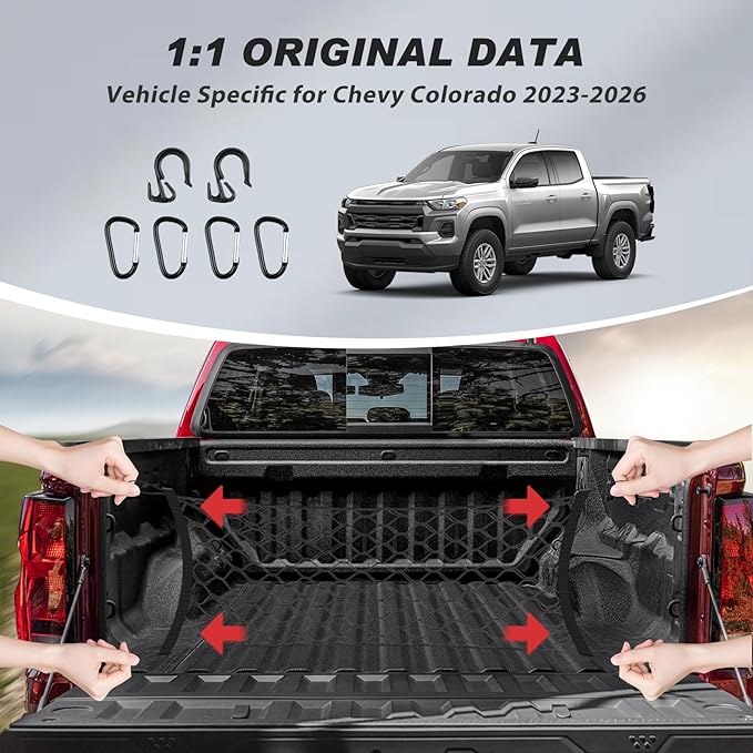 Karltys Truck Bed Cargo Net for 2023-2025 2026 Chevy Colorado and GMC Canyon Accessories, Envelope Style Pickup Cargo Net Chevrolet Colorado Trunk Net Organizer with Hooks