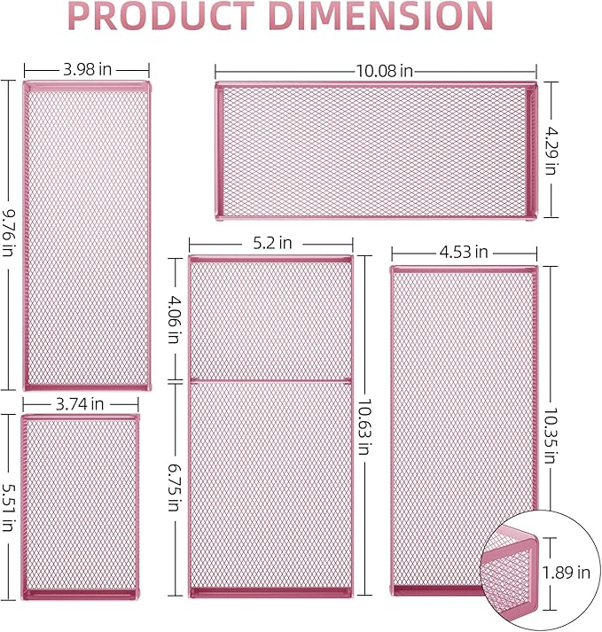 Marbrasse 5 Pack Desk Drawer Organizer Set, Mesh Drawer Storage Trays with 1 Adjustable Divider, Desk Organizers and Accessories, 5 PCS Drawer for Office Supplies, Makeup & Vanity (Pink)