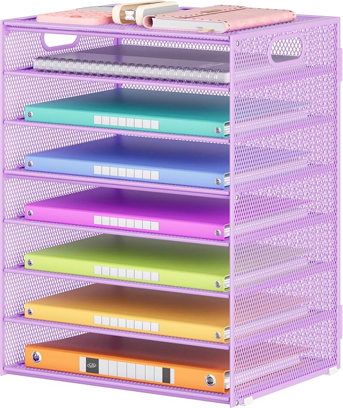 Lavatino 8-Tier Office Desk File Organizer, Letter Tray Paper Organizer with Handle, Including 5 Adjustable Slide Trays for Organizing Desktop Workspace Accessories and Supplies (Purple Metal Mesh)