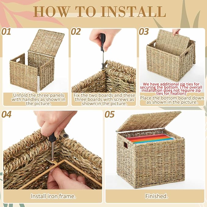 Marspark Seagrass File Box Organizers Decorative File Baskets for Hanging Folders Filing Cabinet with Lid Collapsible Letter Size Document Storage Box for Home Office Decor, Natural
