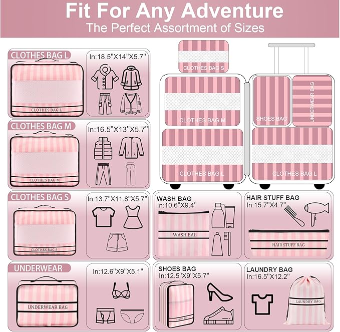 9 Set Packing Cubes Luggage Packing Organizers for Travel Accessories Space Saving Travel Bags for Carry On, Lightweight Mesh Zipper, Clothes, Shoes and Laundry Bag, Suitcases (Pink Streak)