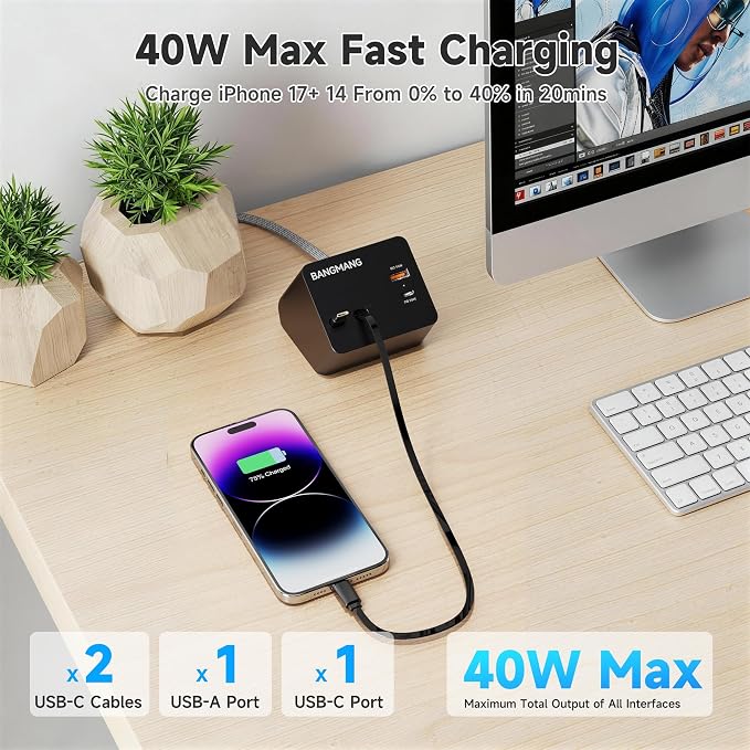 4 in 1 Retractable Charger Station with Dual USB C Cables, 40W Retractable Phone Charger with Dual USB Ports, 20W USB-C Desktop Fast Charging for iPhone 17 16 15 14 13 12 11, LG, Galaxy S24 23, Pixel