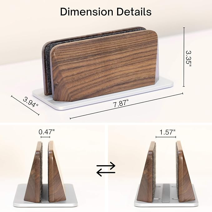 Vertical Laptop Stand, Solid Black Walnut Body & Silver Anodized Aluminum Base, Metal Laptop Holder Vertical for Desk - Adjustable Dock (0.47"-1.57" Width) Fits Most Laptops, MacBooks