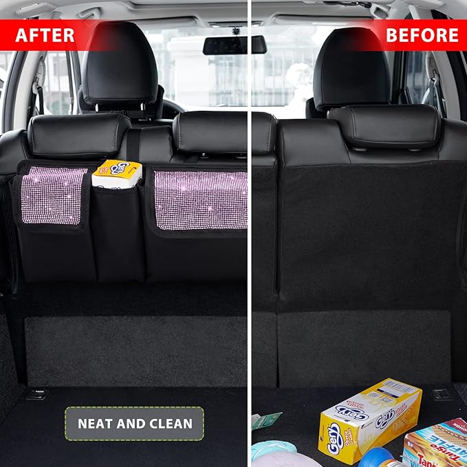 eing Car Trunk Organizer and Storage, Backseat Hanging Organizer for SUV, Truck, MPV, Waterproof, Collapsible Cargo Storage Bag with 5 Pockets, Bling Car Interior Accessories for Women,Pink