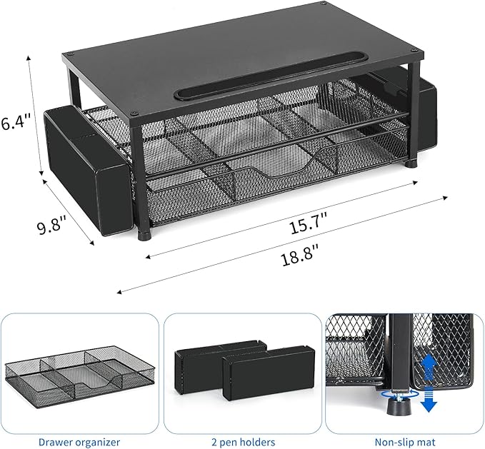 AUPSEN Wood Computer Monitor Stand Riser, 2-Tier Black Desk Organizer with Drawer, Pen Storage & Phone Holder ，Office Desk Accessories Desktop Organizer for Office Supplies