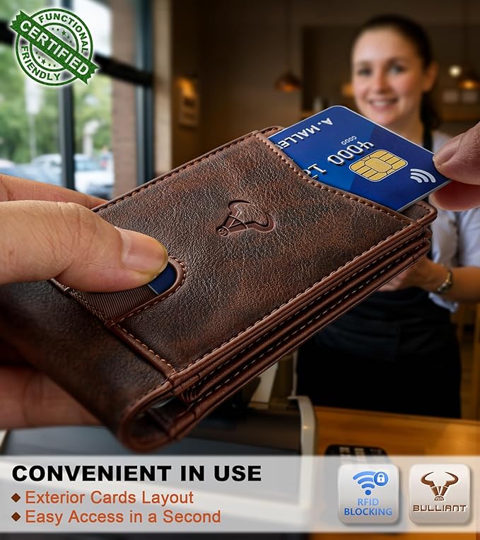 BULLIANT Men Wallet, Slim Leather Wallet Front Pocket Card Holder Gift For Men 11 Slots RFID Blocking