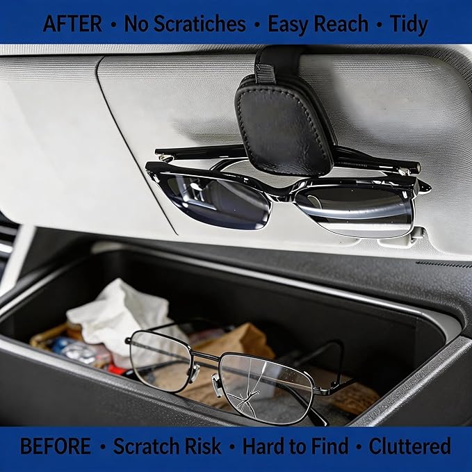 LAPRBY Magnetic Leather Car Sunglasses Holder & Ticket Card Clip - Car Visor Organizer, Windshield Mount Accessory 2 Packs (Grey)