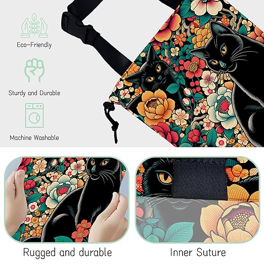 Black Cats Car Trash Bag,Tropical Flowers Hanging Drawstring Car Garbage Bag,Waterproof Canvas Car Back Seat Organizer with Adjustable Buckle,for Vehicles,SUVs,Camping,Road Trips