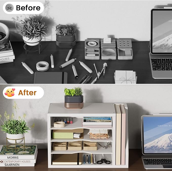 Creso hom Mail Sorter, File Organizer Desktop, Wood Desk Organizer with 3 Adjustable Shelves, Mail Holder for Office, Home, Letter Sorter File Holders for Envelopes, Mail Supplies Magazines, White