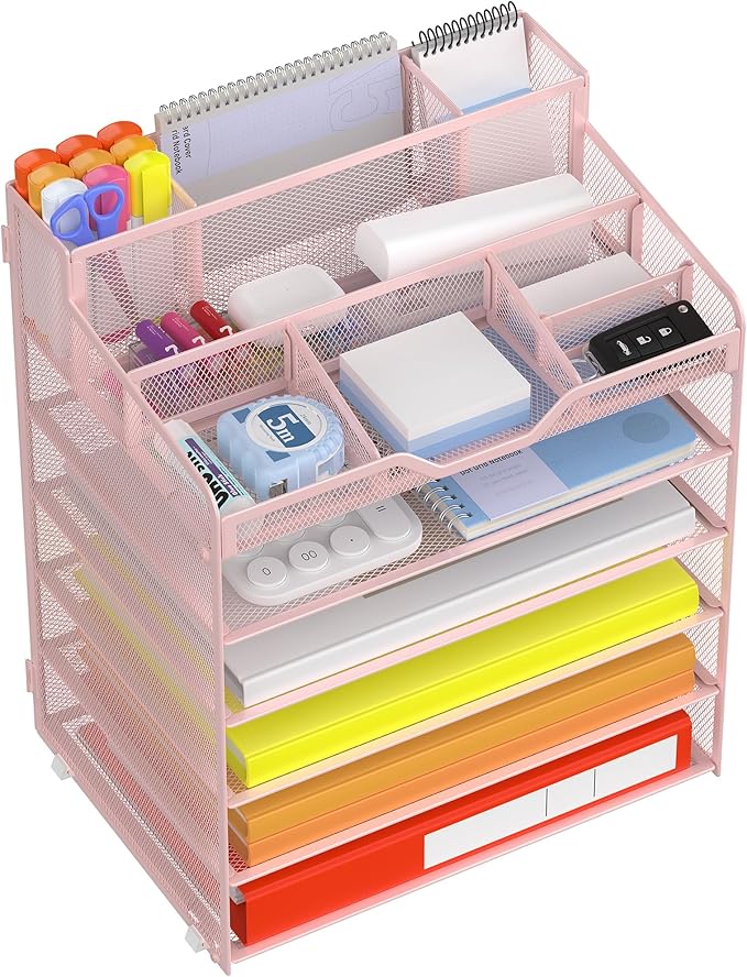Docnest 6 Tier Mesh Desk Organizer for Paper Office Supplies – Multi-Functional Letter Tray with 5 Adjustable Compartments, 9 Pen Holders, Desktop Storage for Files, Mail, Stationery – Pink