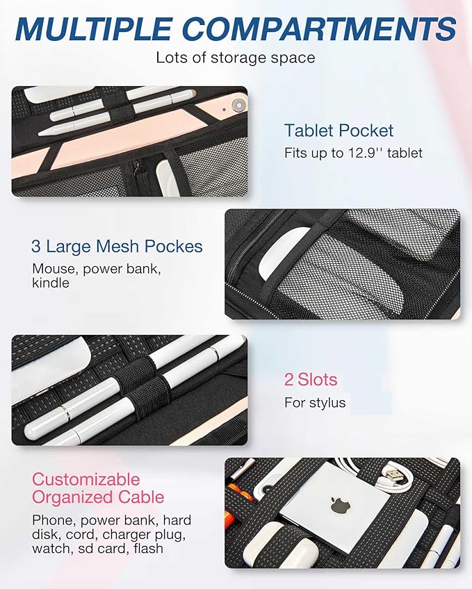 BAGSMART Water-Resistant Tech Organizer Bag for Electronics Accessories, Travel Storage Case Compatible with 12.9" Tablet, Charging Cable, Power Bank, Earphone, Grey