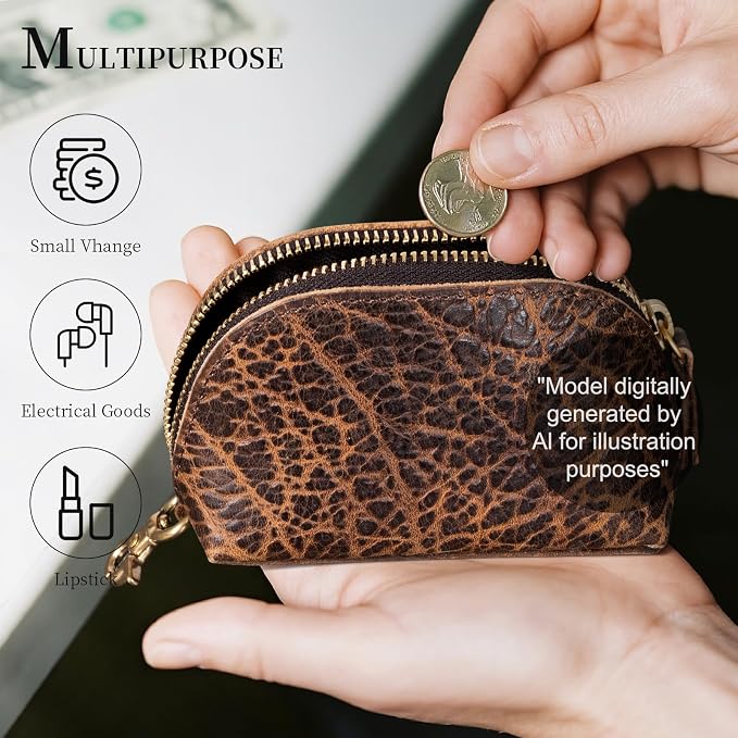 Gexmil Genuine Leather Coin Purse with Zipper, Full Grain Leather, Mini Coin Pouch for Women Men, Change Wallet,Giant Pebble Brown