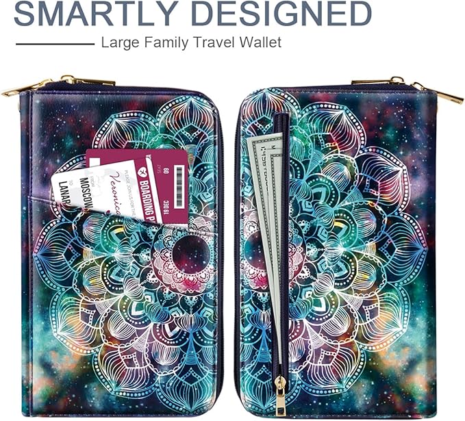 Family Passport Holder Wallet RFID Blocking Document Organizer PU Leather Mulit-purpose Travel Wallet Credit Cards Case for Women Men,Mandala