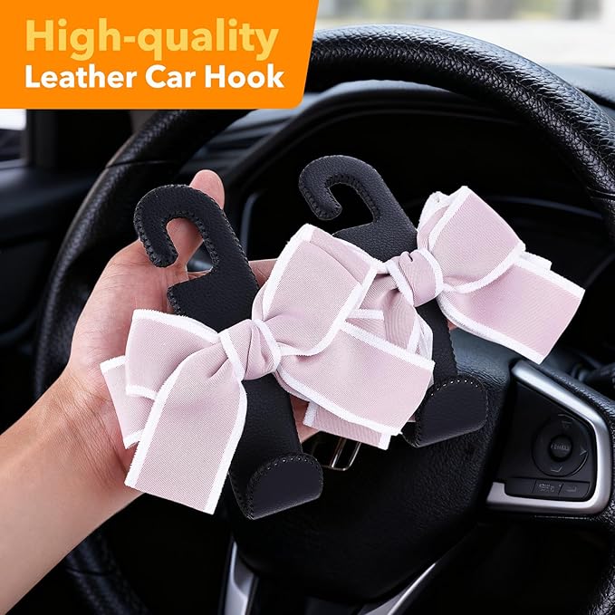 Car Purse Hook, Cute Bow Hooks for Headrest - Leather U-Shaped Purse Holder for Car, Flexible Seat Back Organizer & Durable Vehicle Accessories for Bags, Coats & More (Black&Pink-2 Pack)