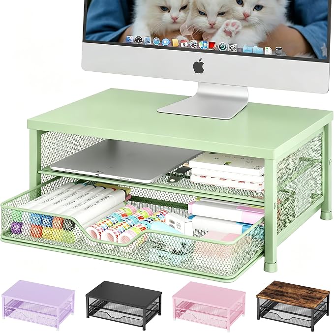 OPNICE Computer Monitor Stand Riser, Desk Organizer with Drawer, Printer & Laptop Stand, Office Desk Accessories & Workspace Desktop Organizers Storage for Office Supplies(Green)